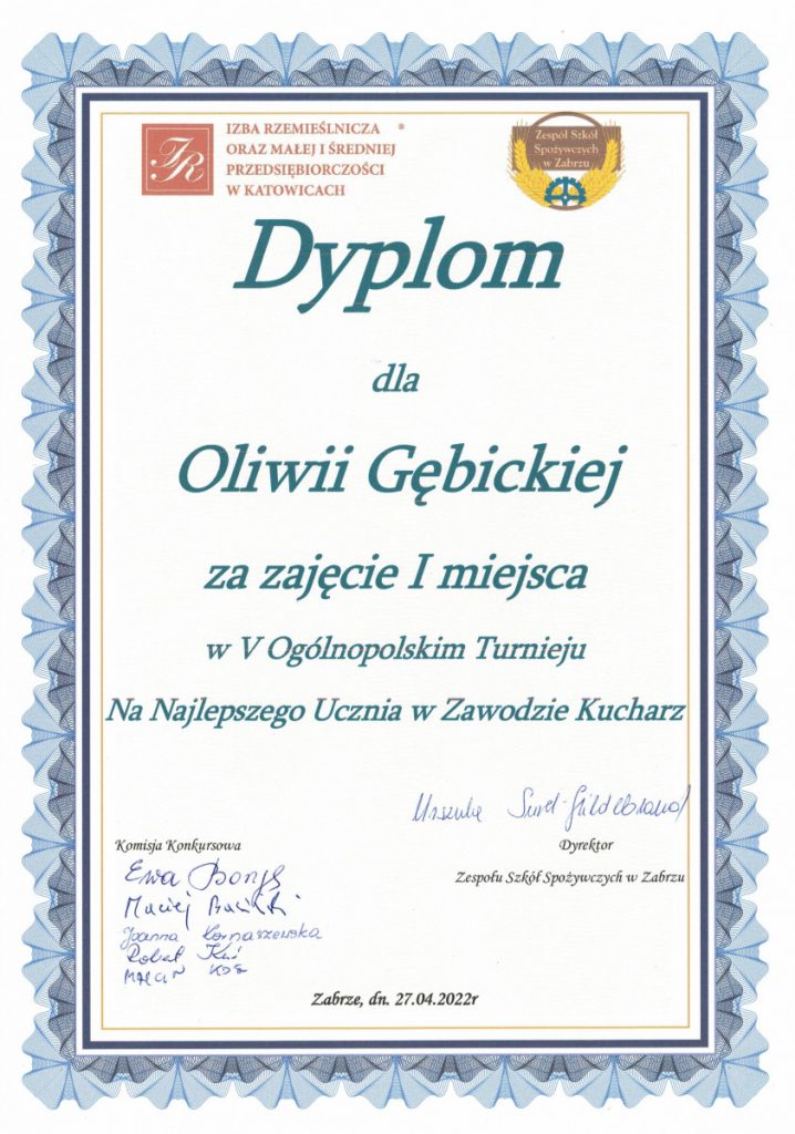 Zdjęcie przedstawia dyplom za zajęcie pierwszego miejsca w finale ogólnopolskim