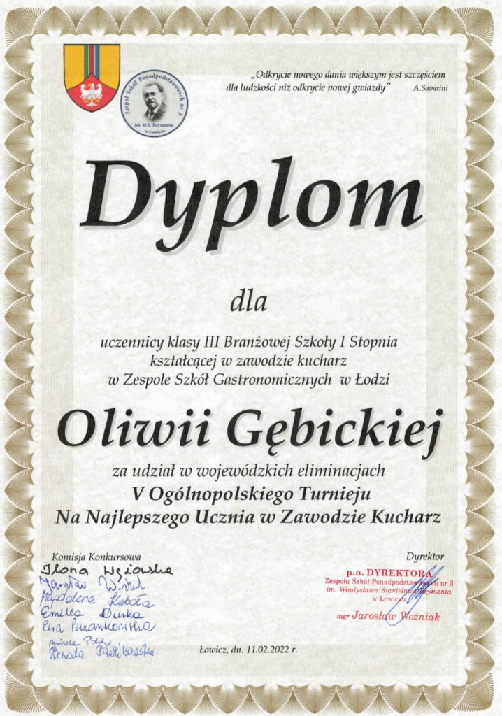 Dyplom dla uczennicy za udział w konkursie