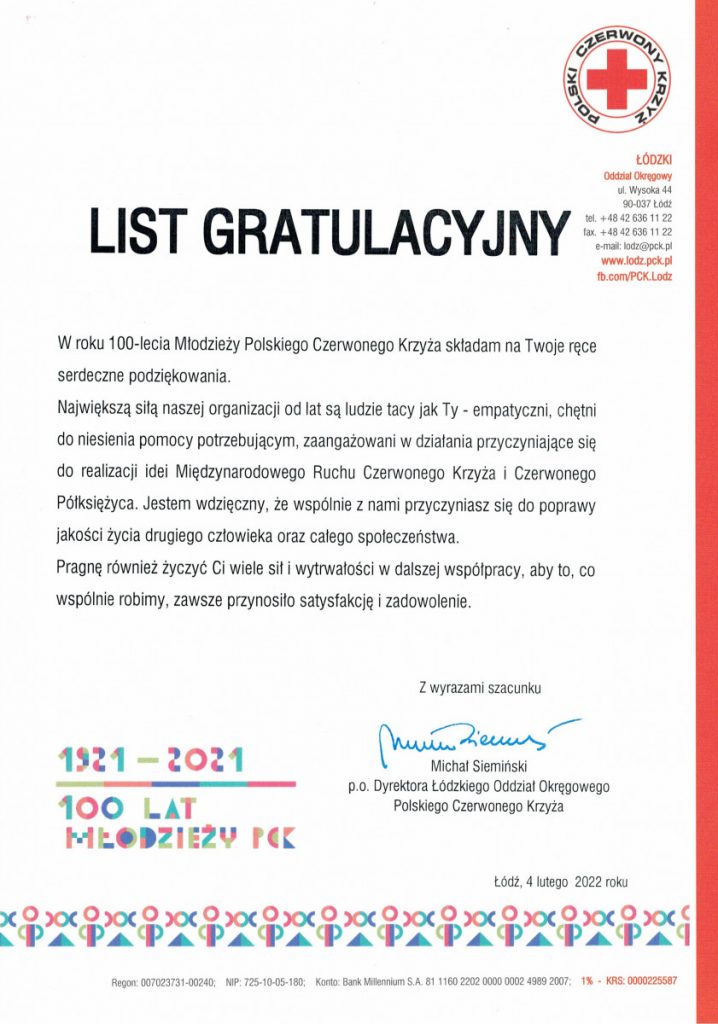 Zdjęcie przedstawia list gratulacyjny dla opiekuna Koła PCK