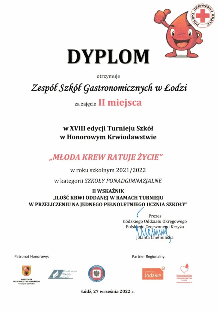Zdjęcie przedstawia dyplom za zajęcie II miejsca w kategorii największa ilość oddanej krwi_